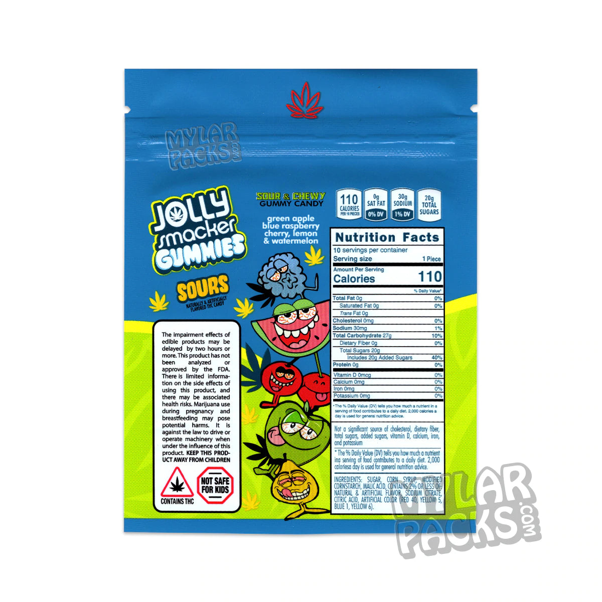 Jolly Smacker Gummies Sours 500mg Empty Mylar Bag Edibles Packaging