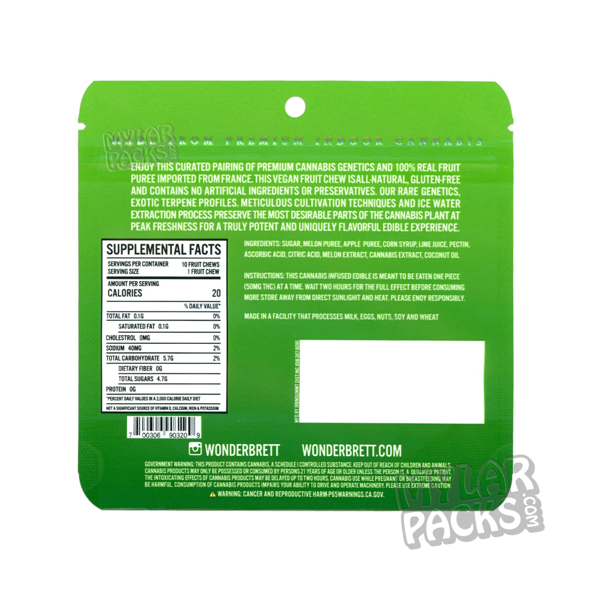 Wonderbrett Melon OG 500mg Empty Edibles Mylar Packaging Bags Mylar