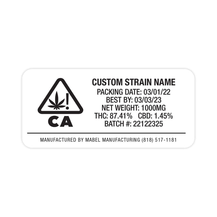 Weatherproof  Warning  Thermal  Strain Sticker  Strain Label  Strain  Sticker  Standard  Rectangle  Label  Herbs  Flower  Customized  Custom Strain Stickers  Custom  Control Sticker  Compliant  Compliance  Cannabis Label  Cannabis Flower  California  CA  Black  Barcode  Authenticity  1" x 2"