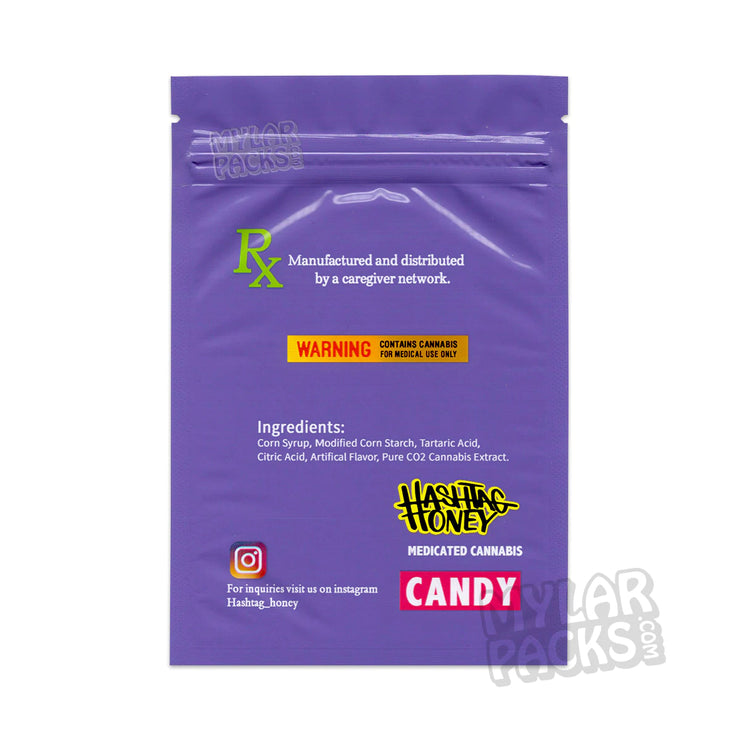 Zipper Seal  Purple Bag  Packaging  Mylar Bag  Medicated  Hashtag Honey  Gummy  Empty Packaging  Empty  Edibles  Cannabis  Candy  All Candy Packs  500mg  #Honey