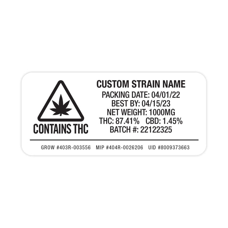 Weatherproof  Warning  Thermal  Strain Sticker  Strain Label  Strain  Sticker  Standard  Rectangle  ME  Massachusetts  Maine  MA  Labels  Label  Herbs  Flower  Customized  Custom Strain Stickers  Custom  Control Sticker  Compliant  Compliance  Cannabis Label  Cannabis Flower  Black  Authenticity  1" x 2"