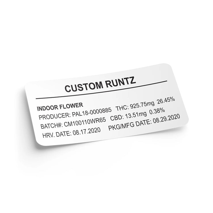 Weatherproof  Thermal  Strain Sticker  Strain Label  Strain  Sticker  Standard  Runtz  Rectangle  Label  Herbs  Flower  Customized  Custom Strain Stickers  Custom  Control Sticker  Cannabis Label  Cannabis Flower  Cannabis  Black  Barcode  Authenticity  1" x 2"