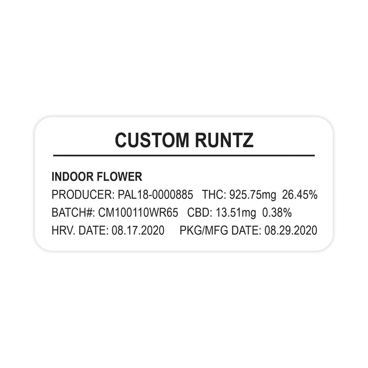 Weatherproof  Thermal  Strain Sticker  Strain Label  Strain  Sticker  Standard  Runtz  Rectangle  Label  Herbs  Flower  Customized  Custom Strain Stickers  Custom  Control Sticker  Cannabis Label  Cannabis Flower  Cannabis  Black  Barcode  Authenticity  1" x 2"